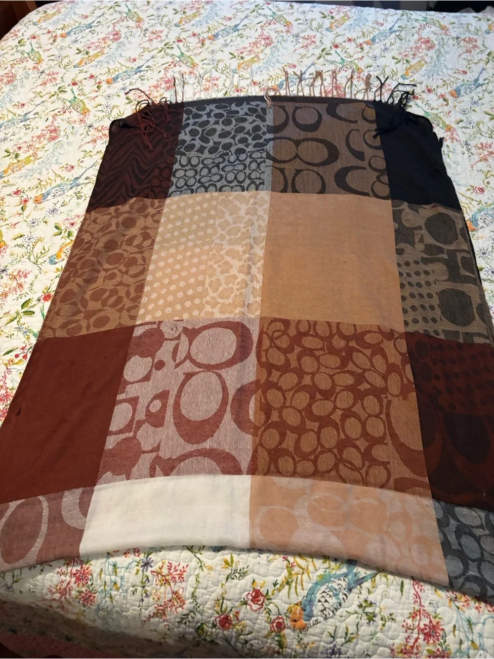 Womens Multi-Tone Patterned Fringed Scarf - Brown/Black